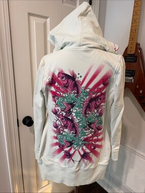 Ed Hardy by Christian Audigier Hooded Bomber Jacket with Pink & Teal Koi Graphic